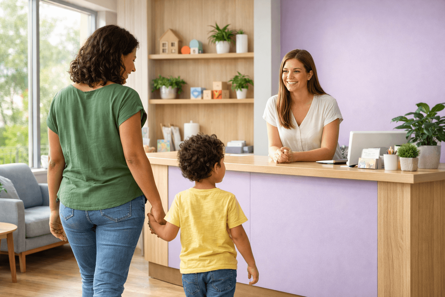 Pai e criança caminhando em direção à clínica de fonoaudiologia em Cascavel/PR
